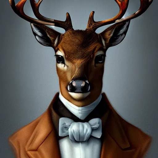 Prompt: a portrait of a deer lord with monocle and top hat, intricate detail, digital art, trending on artstation