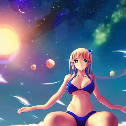 Image similar to An anime girl in bikini holding and terraforming a planet on her hands, unfocused background milkyway galaxy stars universe, wide-shot, high detail, 4k, digital art, artstation, 8k, very detailed