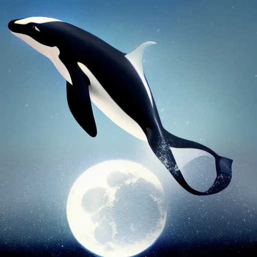 Image similar to Shamu the orca killer whale jumping over the moon. space, stars, planets. SeaWorld, ccean life, marine life. Trending on artstation