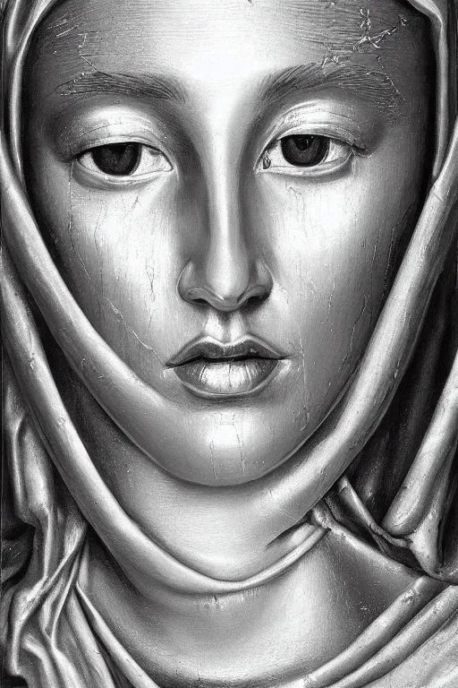 Prompt: hyperrealism close - up mythological portrait of a medieval woman's face merged with silver paint in style of classicism, wearing silver silk robe, black palette