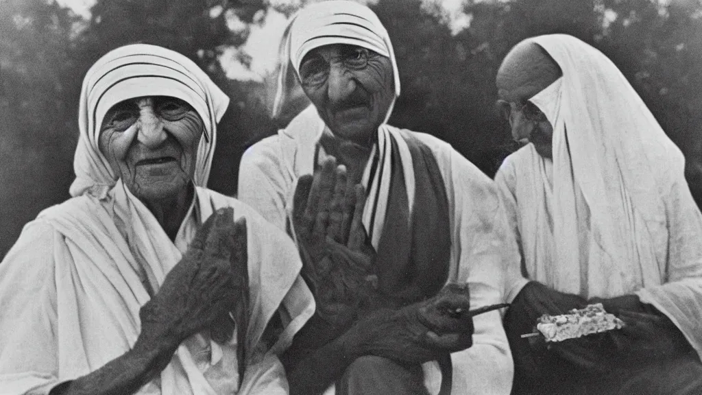 Image similar to mother teresa and mahatma gandhi sharing a cigarette, reminiscing, looking at a sunset