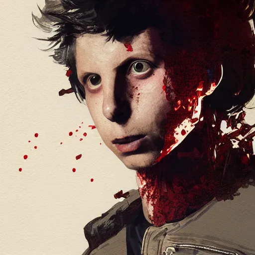 Prompt: portrait of Michael Cera with an angry expression, blood covering his face, wearing a leather jacket, dramatic lighting, illustration by Greg rutkowski, yoji shinkawa, 4k, digital art, concept art, trending on artstation