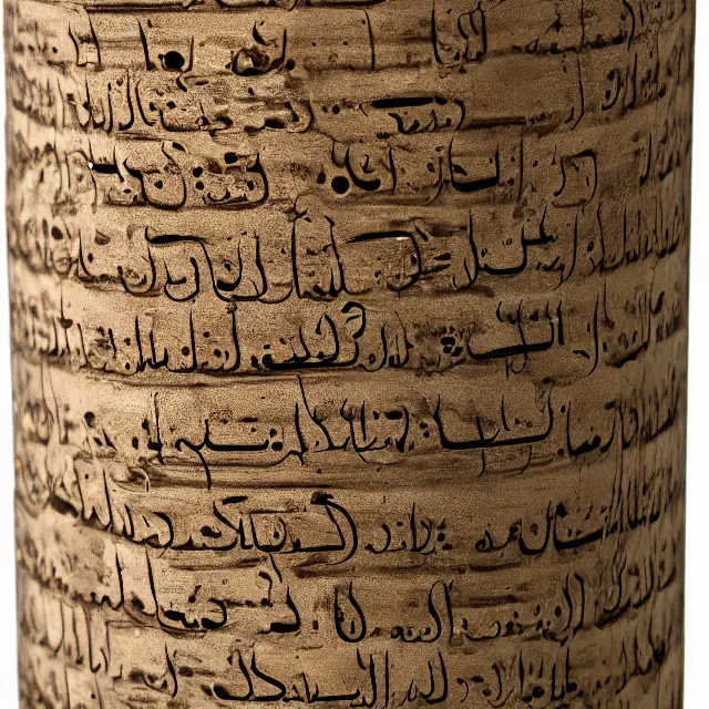 Image similar to a full realistic photo of a tall and thin cylindrical clay dead sea scroll jar with two sentences of nabatean aramaic, dark, brooding, atmospheric, volume lighting