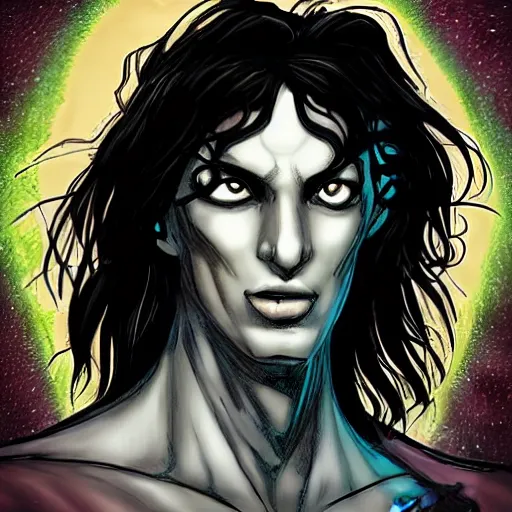 Prompt: An epic fantastic realism comic book style, extreme long shot, digital art of the Sandman, aka Dream, Hypnos, the endless, son of the night, son of time, the cosmic being who controls all dreams, Gothic, beautiful black hair, natural hair, good bone structure, sophisticated well rounded face, bright glowing eyes as LEDs, Lean Body, porcelain looking skin, standing tall invincible, Cosmos in the background, Dark Fantasy, twilight, unreal engine 5, DAZ, hyper-realistic, octane render, symmetrical, attention to detail, Studio 4°C, vibrant bright colours, high saturation,extremely moody lighting, glowing light and shadow, atmospheric, cinematic, intricate, 8K, stunning, breathtaking, awe-inspiring. award-winning, concept art, nouveau painting, trending ArtStation