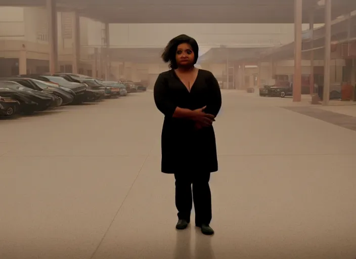 Image similar to cinematic screenshot high wide angle shot of octavia spencer standing in a foggy a desolate strange department store empty parking lot, one car, paranoia everywhere, screenshot from the tense psychological thriller film ( 2 0 0 1 ) directed by spike jonze, volumetric hazy lighting, anamorphic lens, moody cinematography, 3 5 mm kodak color stock