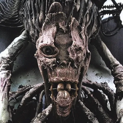 Prompt: “ugly grotesque gross insectoid mummy monster in a filthy dirty small room filled with garbage and networking cables. David Cronenberg. Body horror. Troma monster.”