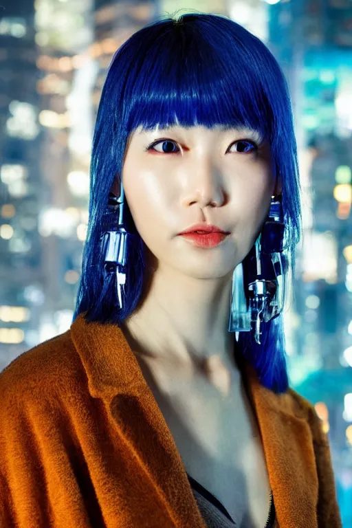 Prompt: a close - up full shot of a cyberpunk japanese woman with cold blue eyes and pretty face wearing lots of transparent and cellophane accessories, huge earrings, blue hour, cool, cold, crisp, by mayumi hosokura