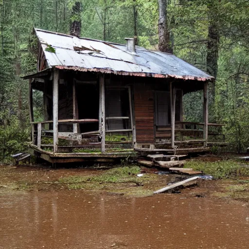 Prompt: old dilapidated cabin in the woods in the rain