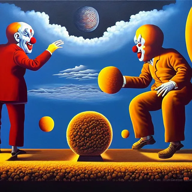 Image similar to an oil on canvas painting of a clowns having an argument over the meaning of life, surrealism, surrealist, cosmic horror, rob gonsalves, high detail