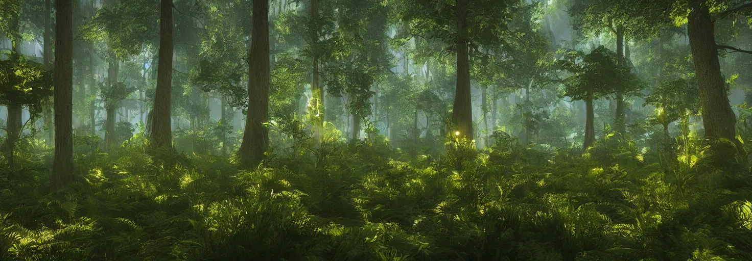 Image similar to a forest with glowing plants, wide shot, cinematic, ultra realistic, ultra detailed