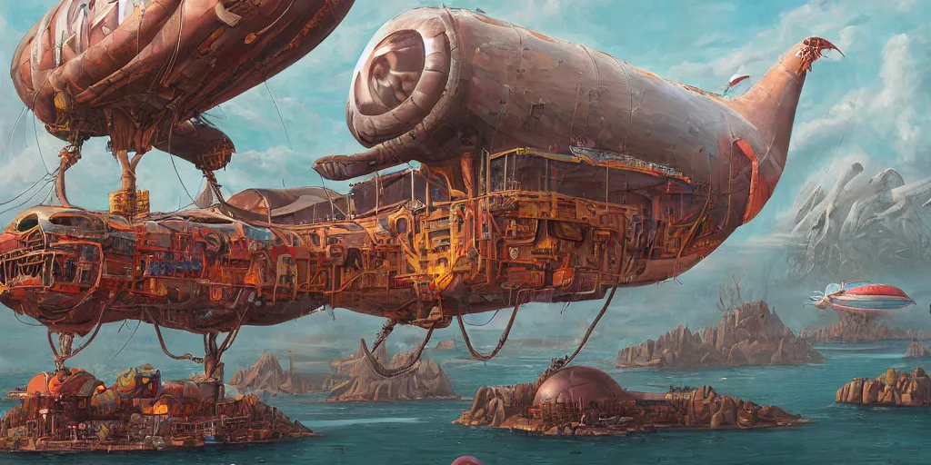 Prompt: a beautiful and highly detailed painting of an aaahh!!! Real Monsters airship docked at an aaahh!!! Real Monsters airship port by James Gurney and beeple | Unreal Engine: .4 | establishing shot | graphic novel, illustration: .3