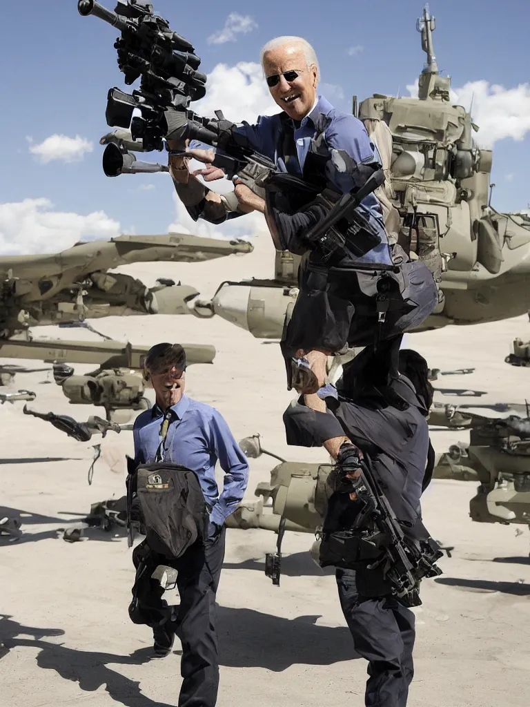 Image similar to Joe Biden carrying a M2 Browning machine gun, AP photography, full body shot, dynamic pose