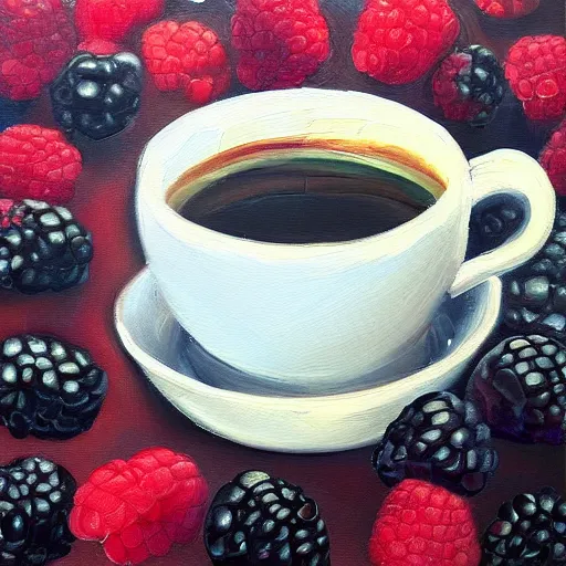 Prompt: an oil painting of a glass cup of coffee next to a dish filled with raspberries and blackberries, trippy colors