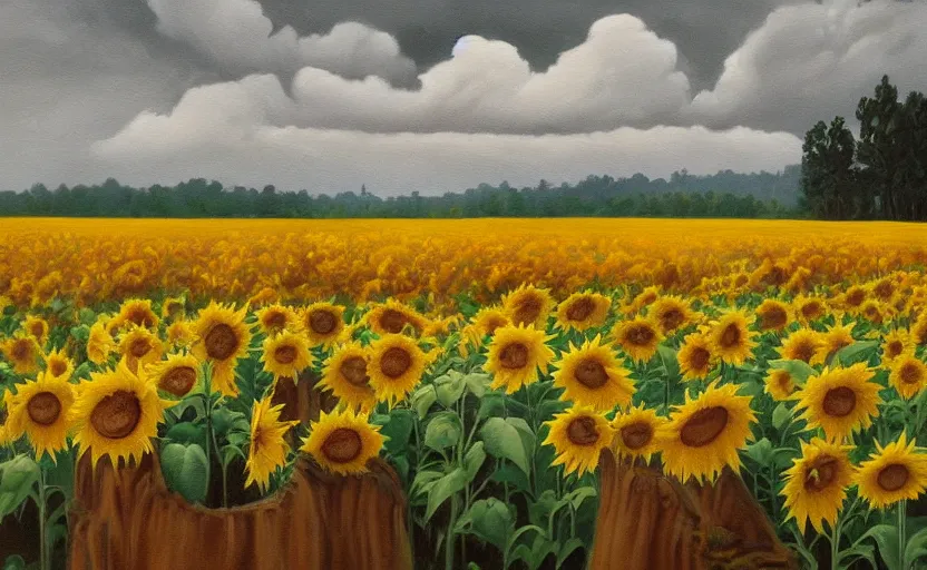 Prompt: A moody painting of an overcast day, clouds, rolling hills, sunflowers, tulips, tree stump, Wes Anderson