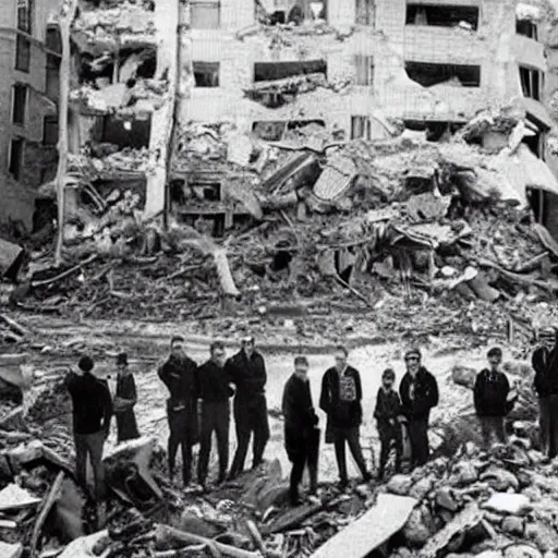 Prompt: seven young man, standing in a rubble after a building collapsed, journalistic photograph.