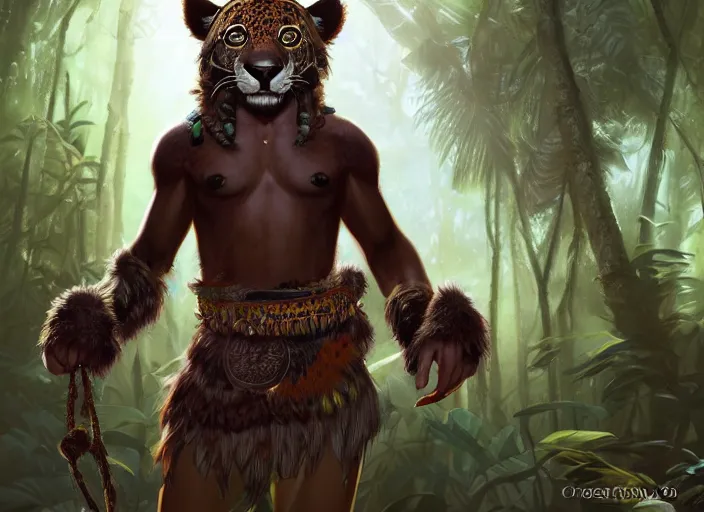 Image similar to character portrait feature of the anthro male anthropomorphic jaguar fursona animal person wearing jaguar fur body shaman tribal outfit robes belt standing in the amazon rainforest, well framed character design stylized by charlie bowater, ross tran, artgerm, makoto shinkai, detailed, soft lighting, rendered in octane