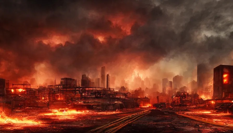 Prompt: A detailed render of a post apocalyptic scene of Fire and explosions at the 3rd precinct in Minneapolis on fire, sci-fi concept art, lots of fire, panic, dark, clouds, 8k, high detail, advanced rendering whimsically designed art, 4k post-processing highly detailed, Soft illumination