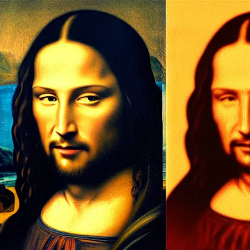 Image similar to painting of keanu reeves in the style of mona lisa, painting by leonardo da vinci