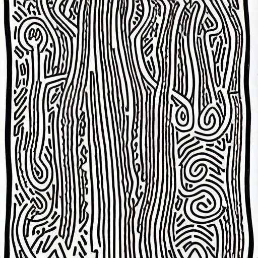 Image similar to spiral trees in a dense forest by keith haring