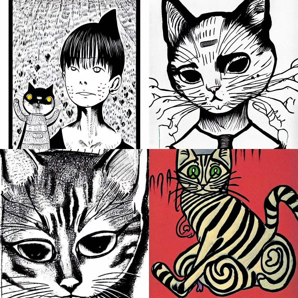 Prompt: a cat drawn by junji ito