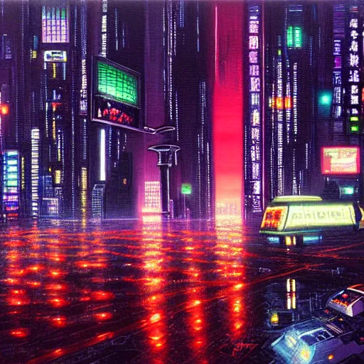 Prompt: Stunning painting of cyberpunk landscape of Chiba City at night from Neuromancer by the genius renowned cyberpunk painter William Gibson