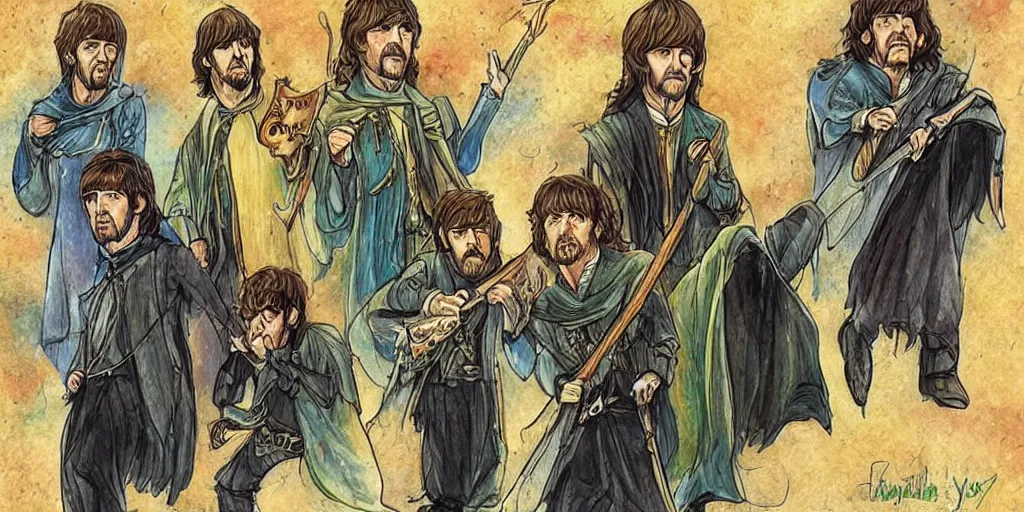 Prompt: the beatles in lord of the rings, fantasy art style