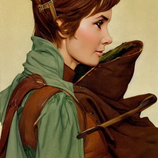 Image similar to a beautiful woman, beauty, looks like Audrey Hepburn, bard, brown hair, messy hairstyle, bangs, cream colored peasant shirt, brown pants, leather boots, dark green cloak, round hood, elf ears, youthful, white background, dungeons and dragons, proportionate, by j.c. leyendecker