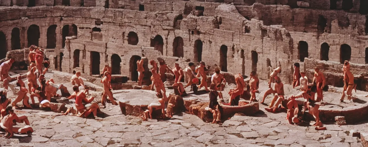 Image similar to ancient romans watching gladiators, big bowl of spaghetti!!!! coliseum architectural, minimal, canon 5 0 mm, wes anderson film, kodachrome, retro