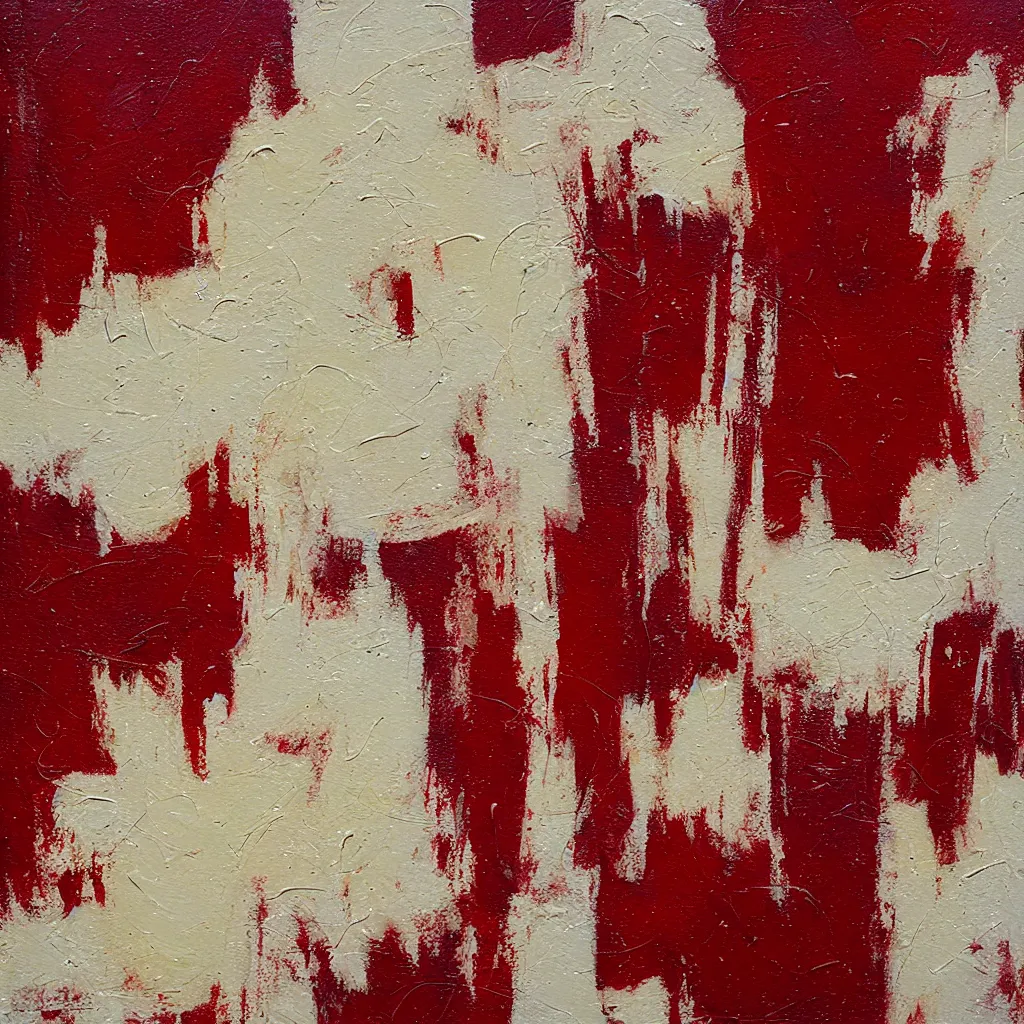 Image similar to thick creamy impasto, white thick heavy brush marks on a dark red background - i