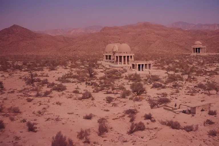 Prompt: film still of monumental néoclassical city and temple in the desert, cinestill 800t 35mm full-HD