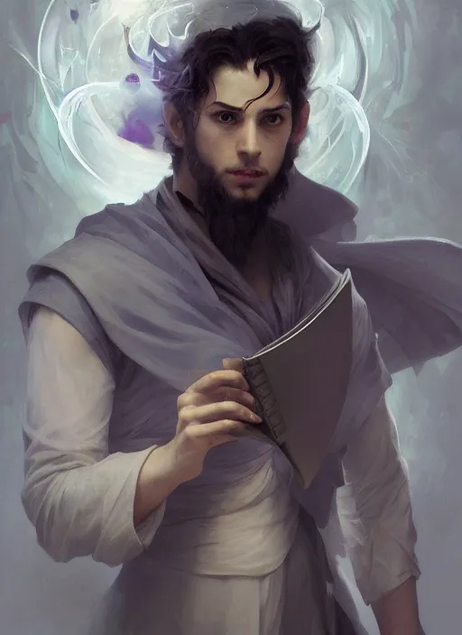 Prompt: character concept portrait of an attractive young Spanish wizard with white skin conjuring a hurricane spell, a floating iridescent spell book in the center, intricate, elegant, digital painting, concept art, smooth, sharp focus, illustration, from Metal Gear, by Ruan Jia and Mandy Jurgens and William-Adolphe Bouguereau, Artgerm
