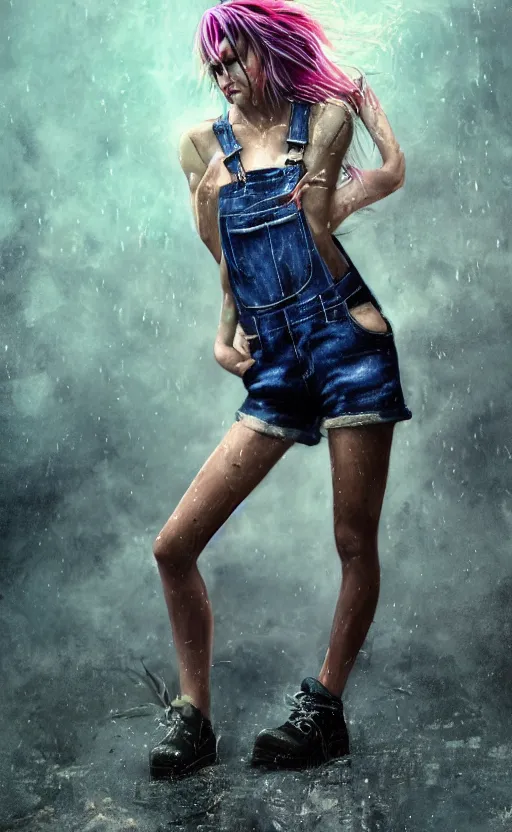 Prompt: Full body, attractive messy woman with rainbow hair, soft eyes and narrow chin, fit dainty figure, long hair straight down, torn overalls, short shorts, fishnet stockings, combat boots, basic white background, side boob, in the rain, wet shirt, style by Jordan Grimmer and greg rutkowski, chaos, crisp lines and color,