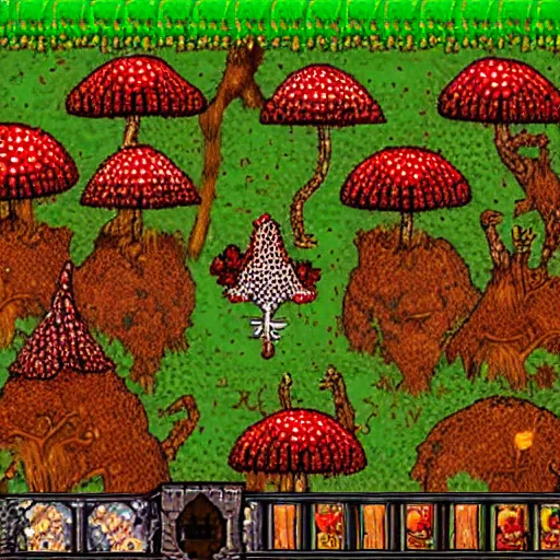 Image similar to amanita muscaria playing tibia video game