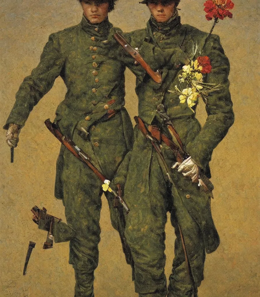 Prompt: an impasto oil painting of a soldier holding a flower instead of a gun painted by caspar david friedrich, high detail