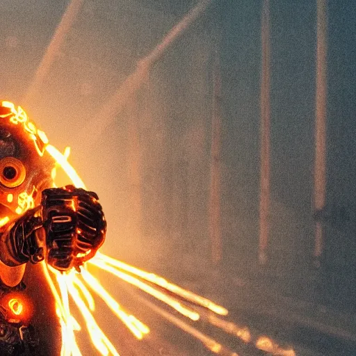 Image similar to cyborg with gatlinger gun hands, tangles of metallic cables, dark messy smoke - filled cluttered workshop, dark, dramatic lighting, orange tint, sparks, plasma charges, cinematic, highly detailed, sci - fi, futuristic, movie still