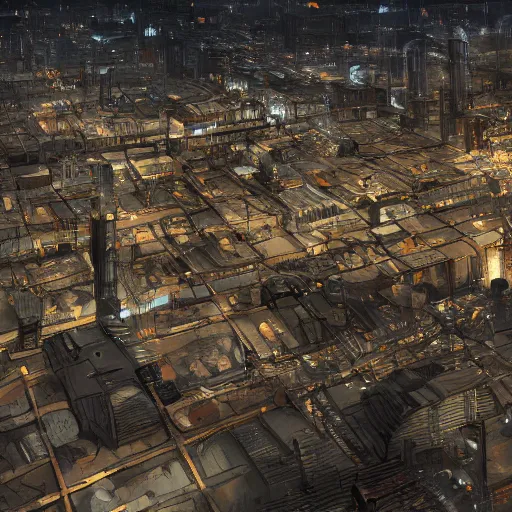 Image similar to large group people in a huge warehouse, looking at a tabletop city | cinematic concept art | godrays | 4 k | clear details | tabletop | tabletop city foreground