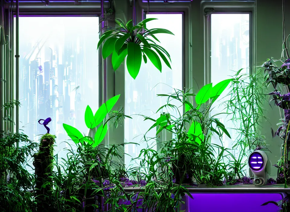 Image similar to telephoto 7 0 mm f / 2. 8 iso 2 0 0 photograph depicting a single purple alien jungle plant in a cosy cluttered french sci - fi ( art nouveau ) cyberpunk apartment in a pastel dreamstate art cinema style. ( computer screens, window ( city ), leds, lamp, ( ( ( aquarium bed ) ) ) ), ambient light.