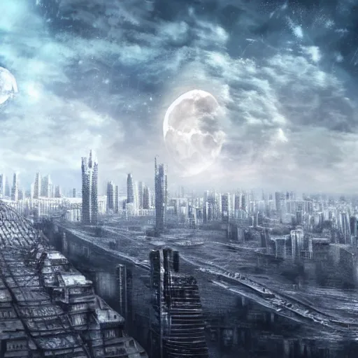 Prompt: russian high - rise buildings, in the style of the futuristic future, the destroyed moon in the sky, photorealism, digital painting, 4 k,