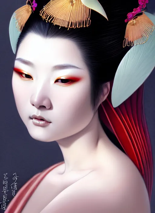Image similar to organic seductive Geisha portrait, pearlescent skin, diffuse lighting, fantasy, intricate, elegant pose, highly detailed, lifelike, photorealistic, digital painting, artstation, illustration, concept art, different point of view, smooth, sharp focus, art by John Collier and Albert Aublet and Leonardo da vinci and Moebius and Krenz Cushart