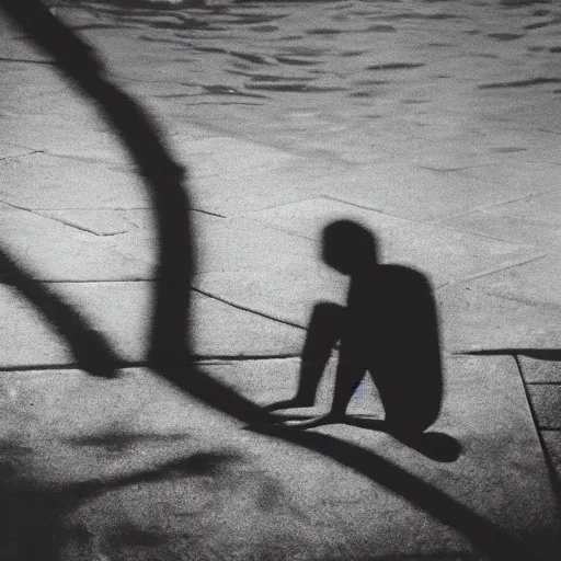 Image similar to a picture of a shadowy figure sitting on pavement deep underwater, godrays, black-and-white, 35mm