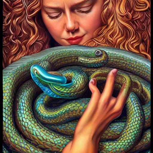 Prompt: intricate five star goddess crushing snake by casey weldon, oil on canvas, hdr, high detail, photo realistic, hyperrealism, matte finish, high contrast, 3 d depth, centered, masterpiece, vivid and vibrant colors, enhanced light effect, enhanced eye detail, artstationhd
