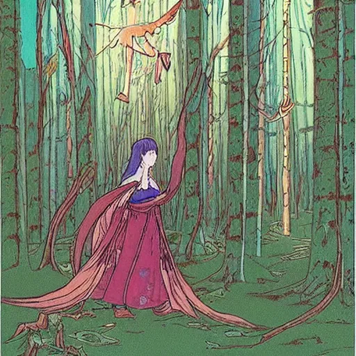 Image similar to illustration of a magical tribal sorceress on a huge majestic stag in a forest by hayao miyazaki and jean giraud moebius