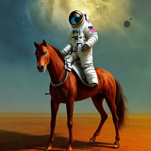 Image similar to a horse on top a man, a astronaut carrying a horse hyperrealism, no blur, 4 k resolution, ultra detailed, style of ron cobb, adolf hiremy - hirschl, syd mead, ismail inceoglu, rene margitte