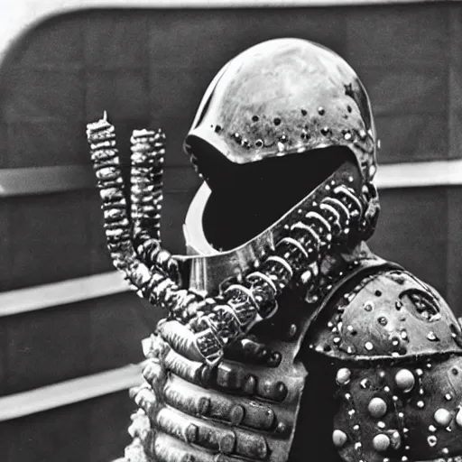 Prompt: a man wearing armor made of gasmasks, film still, arriflex 3 5