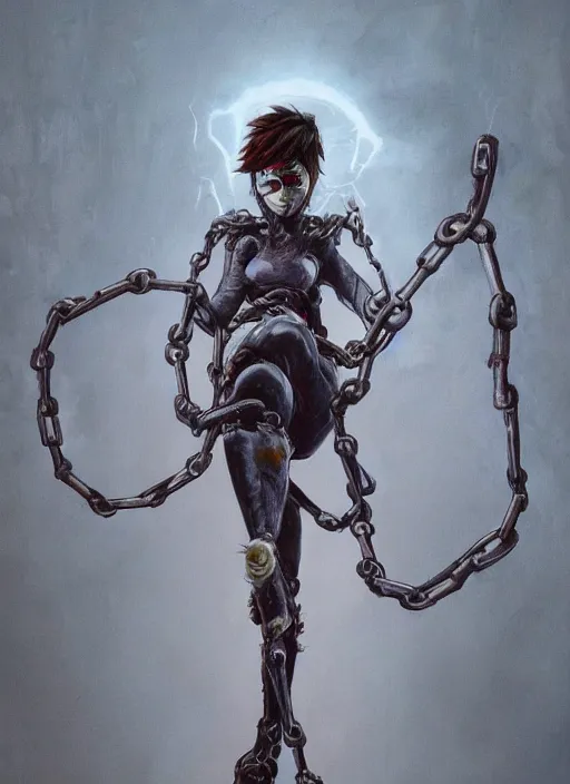 Prompt: full body horror painting of tracer from overwatch, in style of zdzisław beksinski, horror, 4 k, feminine facial features, silhoutte, black, dark, black armor, detailed face, tall, ropes and chains, scary, horror,