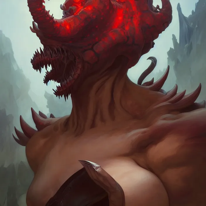 Image similar to excellent painted portrait of the grand demon tyrant, character artwork, abyssal monster, 8k resolution artwork, trending on artstation, detailed oil painting portrait, art by artgerm and greg rutkowski and alphonse mucha and craig mullins and James Jean and Andrei Riabovitchev and Marc Simonetti and peter mohrbacher