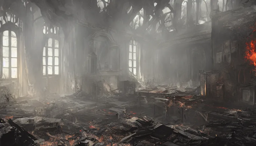 Image similar to Interior of a dark burning destroyed English manor with ashes and smoke, hyperdetailed, artstation, cgsociety, 8k