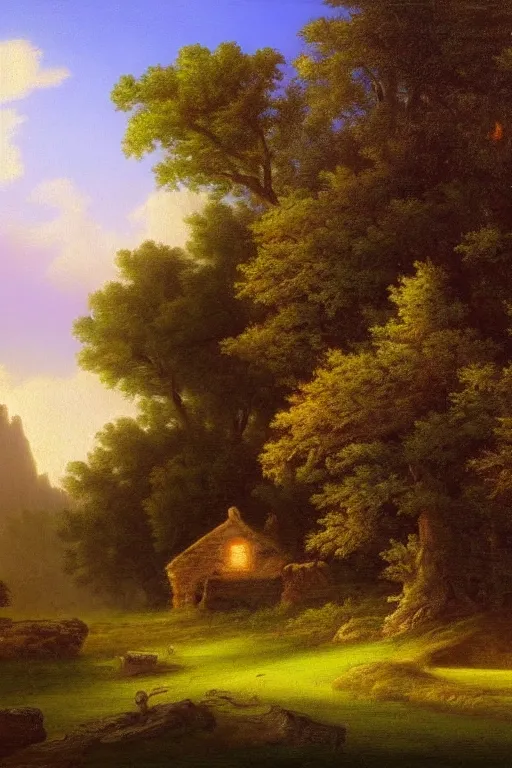 Prompt: fantasy landscape with cottage in a forest, calm serene atmosphere, in the style of hudson river school