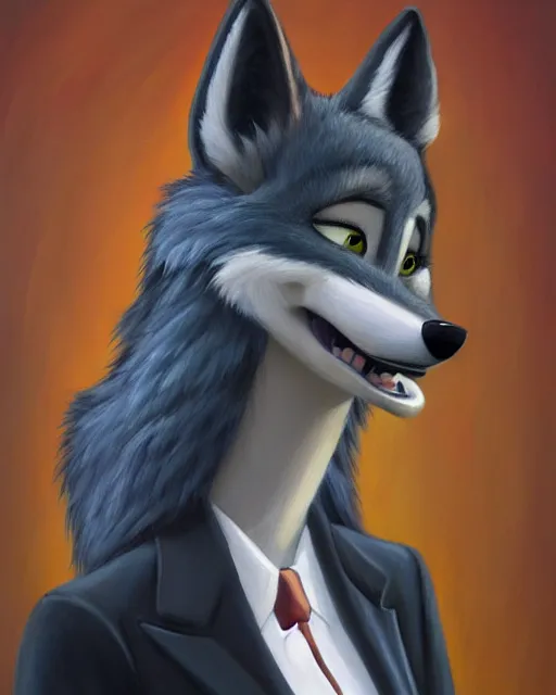 Image similar to oil painting of anthromorphic female wolf, in style of zootopia, female fursona, furry, furaffinity, 4 k, deviantart, furry art, fursona art, wearing black business suit, business suit, wolf fursona, female, smug expression,