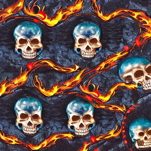 Prompt: Eyes of firey death, lava, black rock, high detail, blue lightning, death, skeletons, Chinese ornate painting